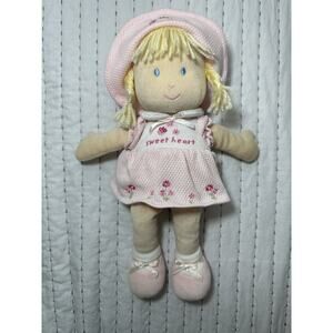 Carter’s Plush Rag Doll Sweetheart Blonde Hair Braids Pink Dress Hat Flowers